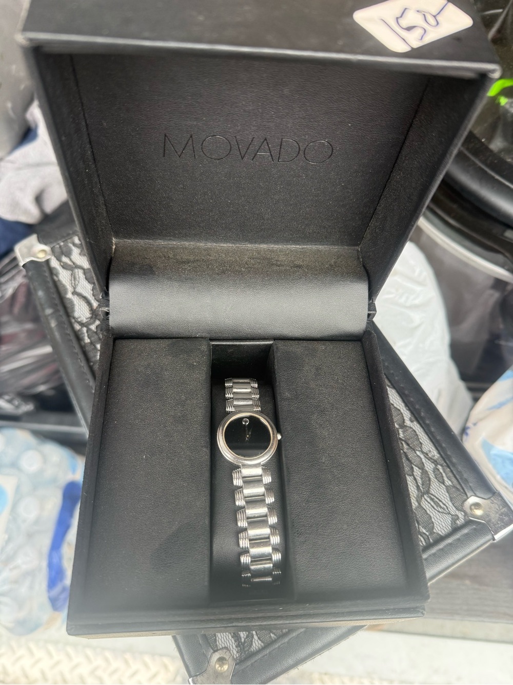 Movado Black Box with White Logo Central Text